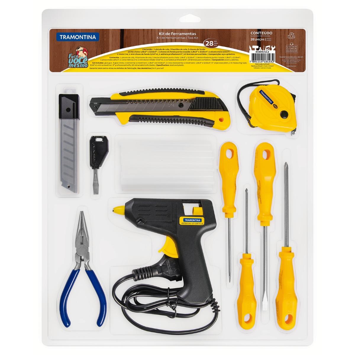 Kit Ferramentas 28 Peças Pistola Cola Quente Chaves Trena Alicates Mini Estilete Manual Tramontina