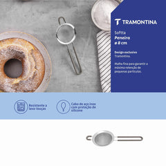 Peneira Tramontina Softta Aço Inox 8,8 cm Com Cabo E Alça Em Silicone Cinza Para Cozinha