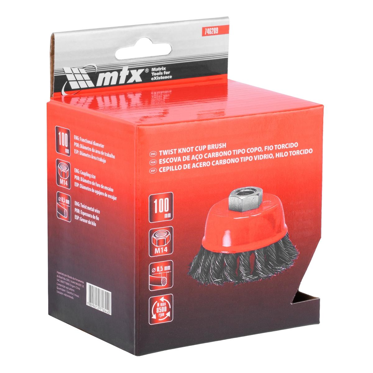Escova Tipo Copo Aço Carbono Torcida M14 100mm 0,5mm 8500rpm MTX 746289 Máxima Eficiência