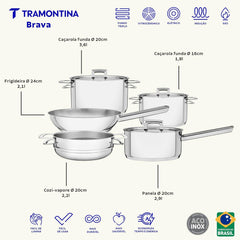 Jogo De Panelas Tramontina Brava Aço Inox Fundo Triplo 5 Peças Indução 260°C