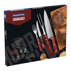 Kit Para Churrasco Tramontina 14 Peças Aço Inox Polywood Vermelho Lâmina Resistente Facas E Garfos