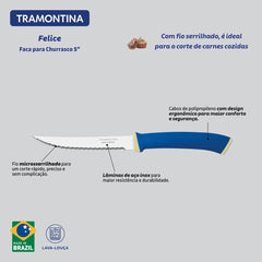 Faca Para Churrasco Tramontina Felice 5 Lâmina Aço Inox Fio Microsserrilhado Cabo Azul Polipropileno