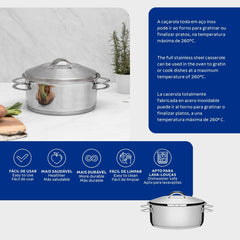 Caçarola Tramontina Solar Fundo Triplo Aço Inox 28 cm 8,4 L Tampa Inclusa Indução Forno 260°C