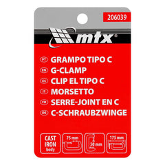 Grampo Tipo C 75 X 50 X 150mm Fixação Segura Aço MTX 206039