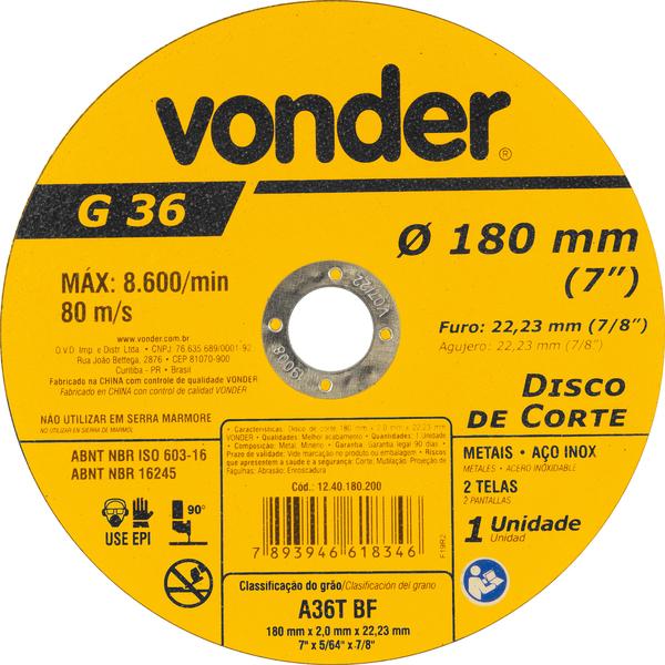 Disco de Corte 180,0x2,0x22,23 Vonder
