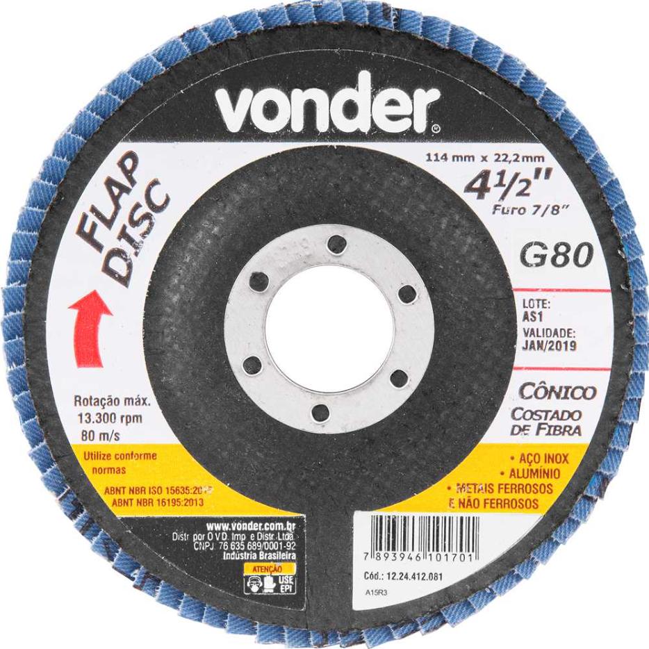 Flap disc 4.1/2" g80 costado fibra cônico inox Vonder