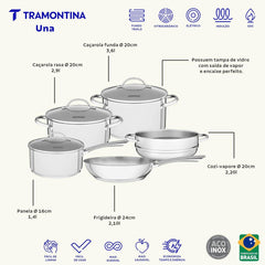 Jogo De Panelas Tramontina Una 5 Peças Aço Inox Com Fundo Triplo Indução E Tampas De Vidro
