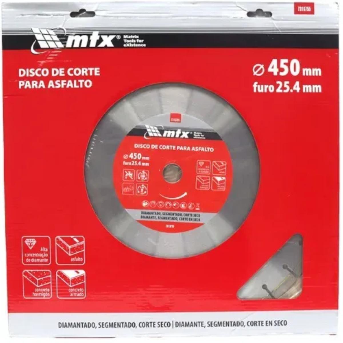 Disco Corte Segmentado Diamantado 450x25,4mm 10mm Concreto Asfalto MTX
