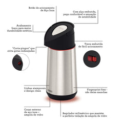 Garrafa Térmica Tramontina Exata 1,2 L Aço Inox Com Ampola De Vidro Corta Pingos E Design Ergonômico