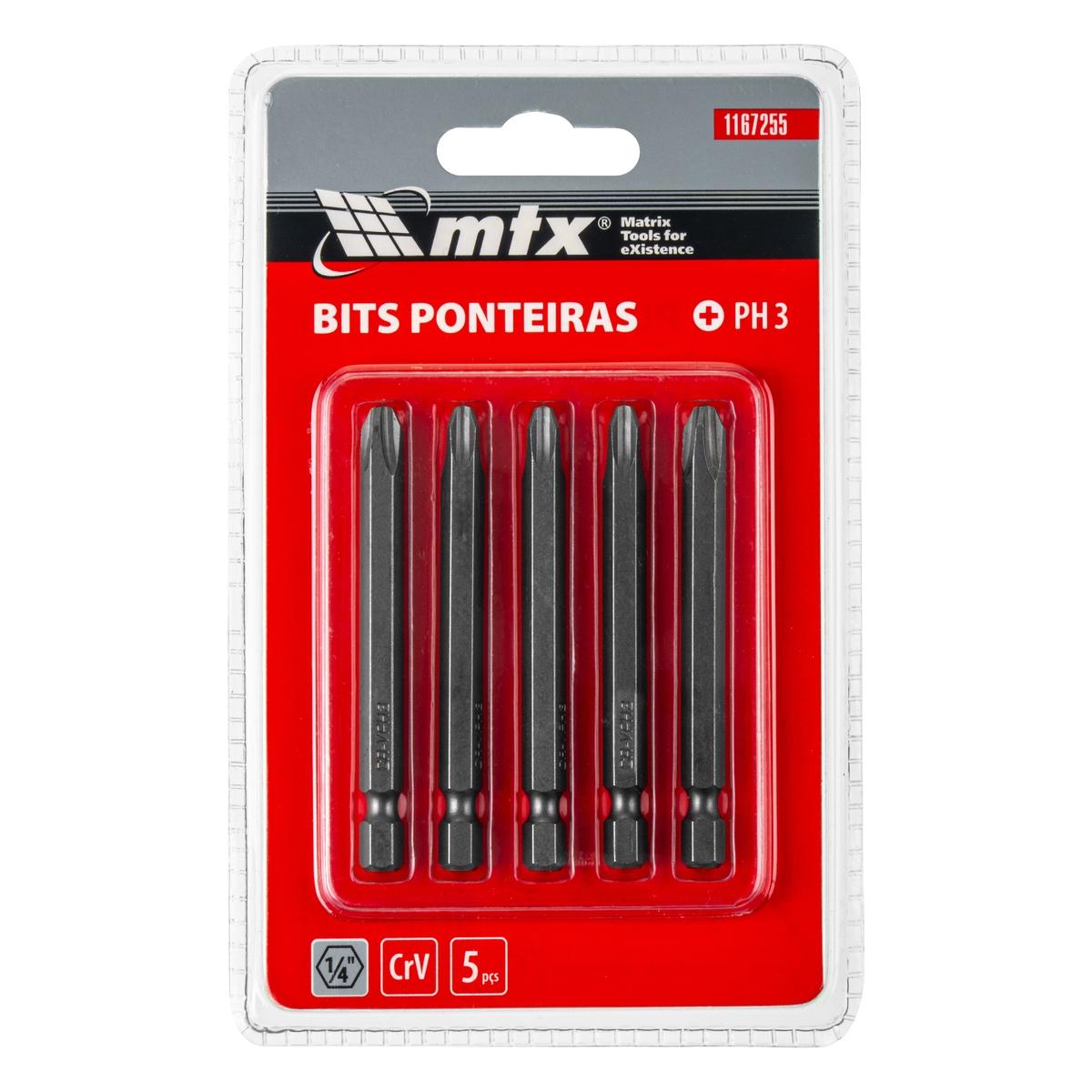 Bits Philips Ph3 1/4 Pol. 75mm 6mm Aço CrV 54 HRC 5 Unidades MTX