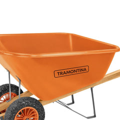 Carrinho de Mão Tramontina Caçamba Plástica Extrafunda 200L Braço Madeira Rodas Maciças Laranja