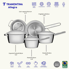 Jogo De Panelas Tramontina Allegra Aço Inox Fundo Triplo 5 Peças Indução