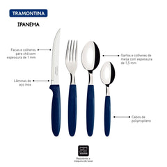 Faqueiro Tramontina Ipanema 24 Peças Aço Inox E Cabos Polipropileno Azul Com Pote Plástico Resistente