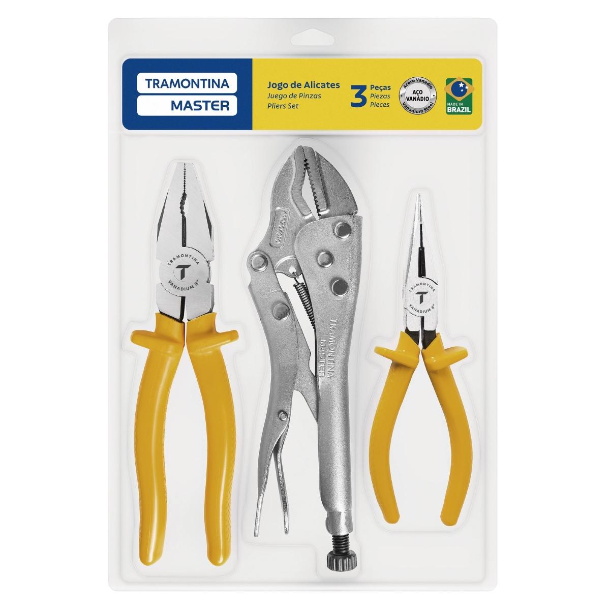 Kit 10'' Alicate Pressão 8'' Universal 6'' Bico Meia Cana 3 Peças Tramontina MASTER