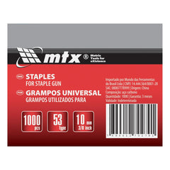 Grampos para Grampeador Tipo 53 10mm 1000 Pcs Aço Galvanizado MTX 411209
