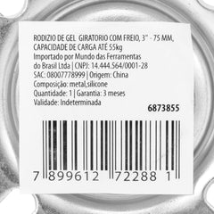 Rodízio Gel Giratório com Freio 3 Pol 75mm 55kg 1PC MTX - Durável e Silencioso