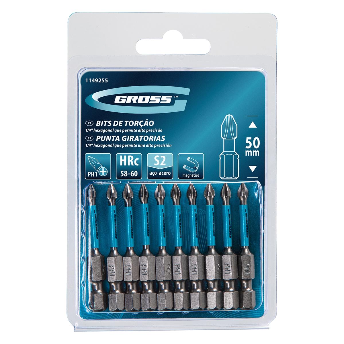 Bits Torção Ph1 Para Ferramentas De Impacto 50mm 10pçs Aço S2 58-60 HRC Gross