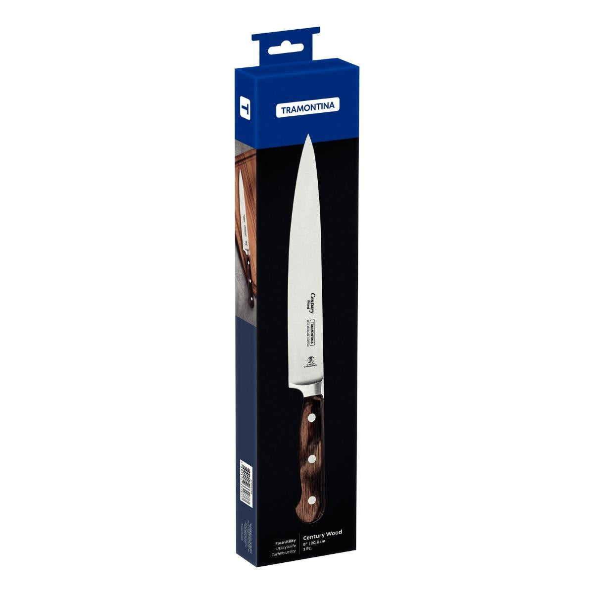 Faca Utility Tramontina Century Wood 8 Polegadas Aço Inox Forjado Cabo Madeira Tratada Profissional