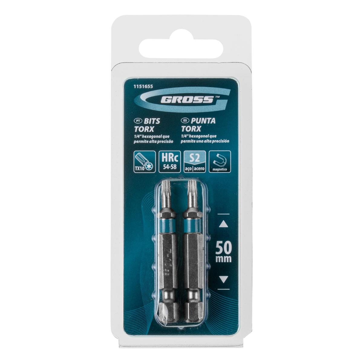 Kit 2 Bits Torx T10 50 mm Aço Cromo Molibdênio S2 58 HRC Magnético Gross