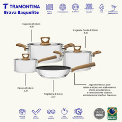 Jogo De Panelas Tramontina Brava Antiaderente Aço Inox Fundo Triplo 4 Peças Efeito Amadeirado