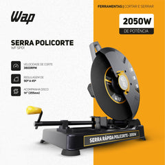 Serra Rápida Policorte de Bancada Profissional 2050W Disco 355mm 14" para cortar Ferro Metal e Aço WAP WF SP01 127V