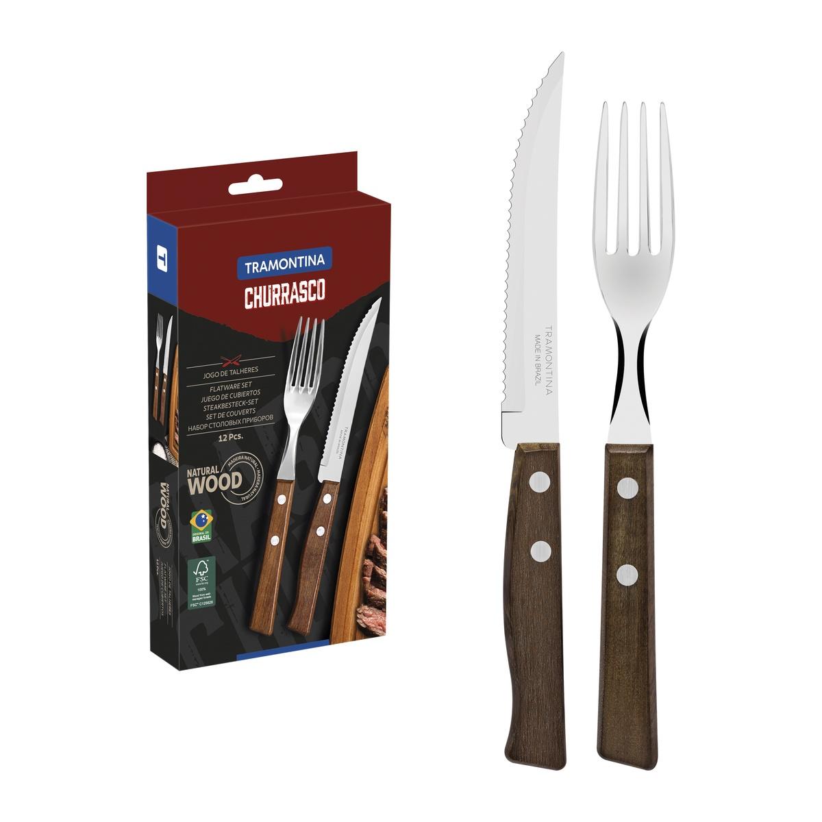 Jogo De Talheres Para Churrasco Tramontina Com Lâminas De Aço Inox E Cabos De Madeira 12 Peças