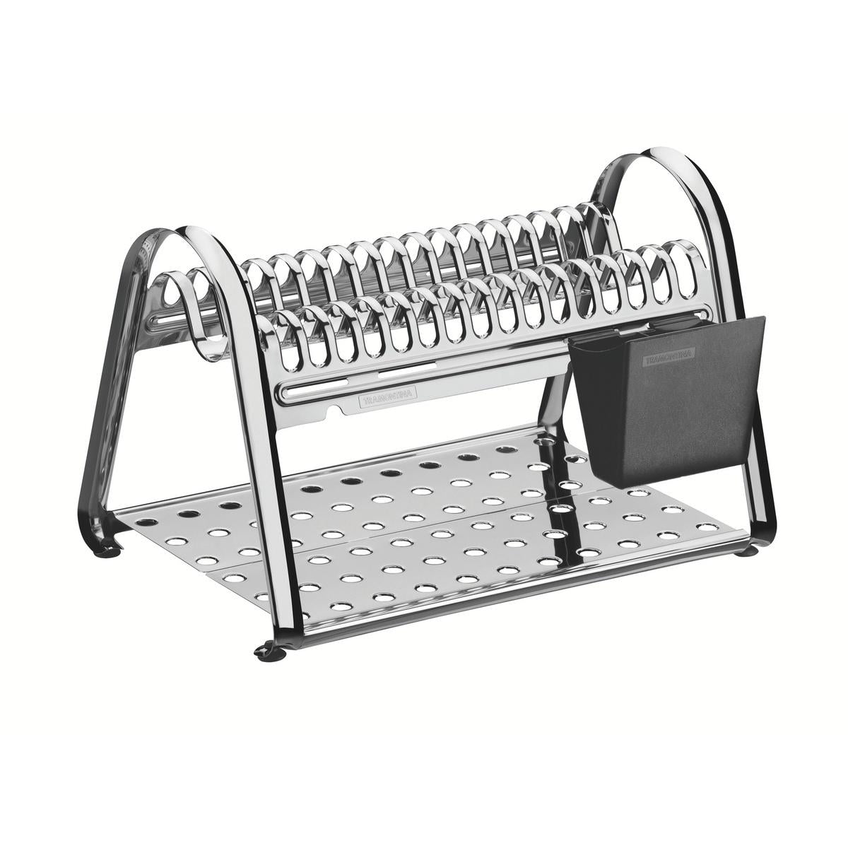 Escorredor De Louça 16 Pratos Aço Inox Plurale Tramontina Com Porta-talheres Preto