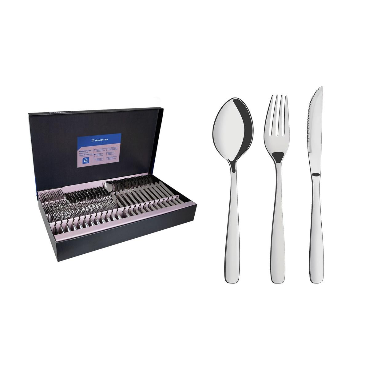 Faqueiro Tramontina Amazonas Aço Inox 72 Peças 12 Pessoas Com Facas Para Churrasco Brilho
