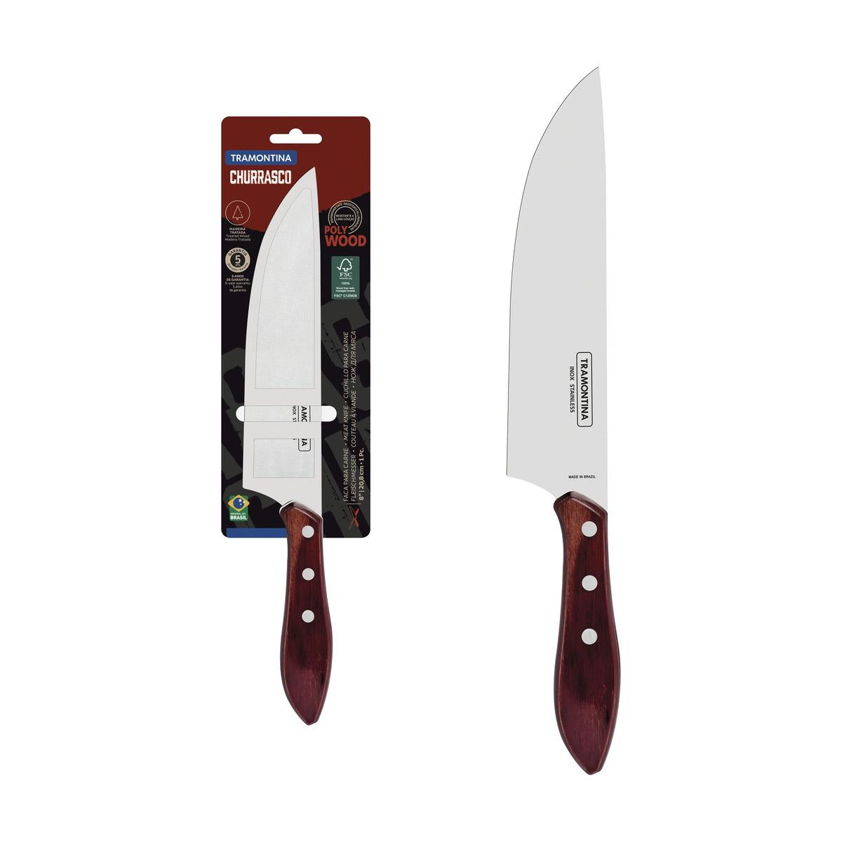 Faca Para Carne Tramontina 8 Polegadas Aço Inox Cabo Madeira Polywood Vermelho Churrasco Profissional