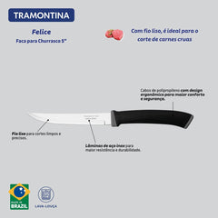 Faca Para Churrasco Tramontina Felice 5 Polegadas Aço Inox Fio Liso Cabo Polipropileno Preto