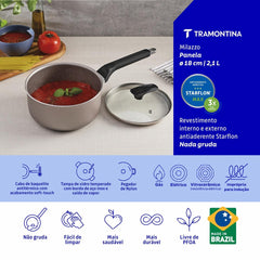 Panela Tramontina Milazzo 18 cm Alumínio Antiaderente Starflon Max Amêndoa com Tampa de Vidro