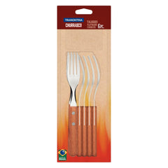Conjunto 6 Garfos De Mesa Tramontina Dynamic Aço Inox E Madeira Natural Cabo Com Rebites Alumínio