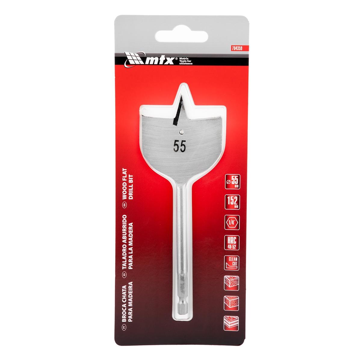 Broca Chata Para Madeira 55mm 150mm (6 Pol) Haste Sextavada Aço 45 MTX 704359 - Perfuração Precisa