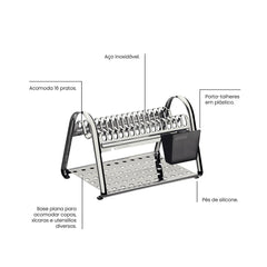 Escorredor De Louça 16 Pratos Aço Inox Plurale Tramontina Com Porta-talheres Preto