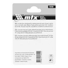 Cossinete Manual Aço Rápido M6 x 1mm 6G Precisão Direita 20mm MTX