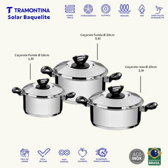 Jogo De Panelas 3 Peças Tramontina Solar Baquelite Aço Inox Fundo Triplo Indução