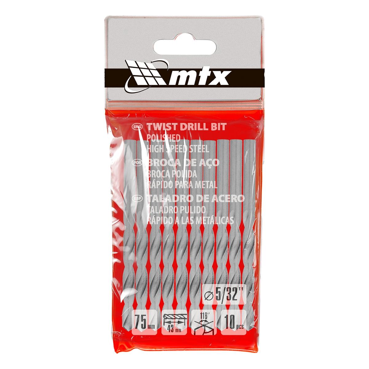 Broca Para Metal Polida HSS 5/32'' 10 Peças Aço Rápido MTX Durável