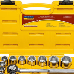 Jogo De Soquetes 1/2'' Estriados 22 Peças Aço Cromo Vanádio Cromado Tramontina Master Profissional Com Maleta