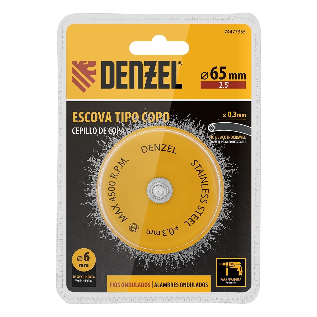 Escova Copo 65mm Haste 6mm Fios Inox Ondulados 0,3mm Para Desbaste E Limpeza Industrial
