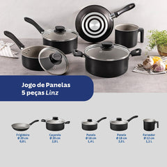 Jogo De Panelas 05 Peças Tramontina Linz Alumínio Antiaderente Starflon Max Preto