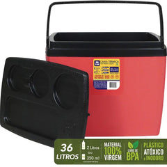 Caixa Térmica 36L Bel Vermelha e Preta com Tampa para Copos e Alça Ergonômica