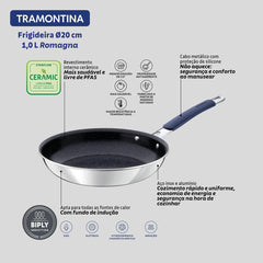 Frigideira Tramontina Romagna Aço Inox 20 cm 1 L Revestimento Cerâmico Black Stone Antiaderente