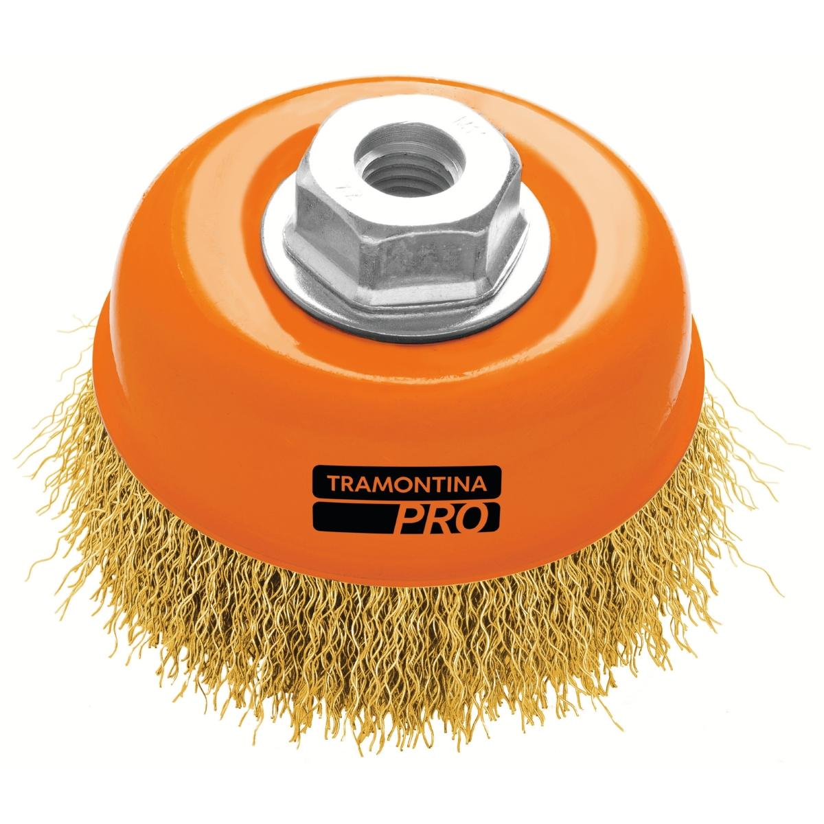Escova Tipo Copo Arame Ondulado 4'' 0,3mm M14 Escova Aço Latonado Temperado Tramontina PRO