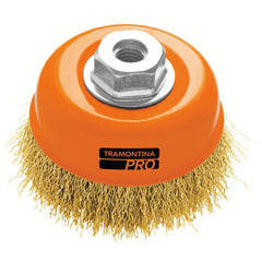Escova Tipo Copo Arame Ondulado 4'' 0,3mm M14 Escova Aço Latonado Temperado Tramontina PRO