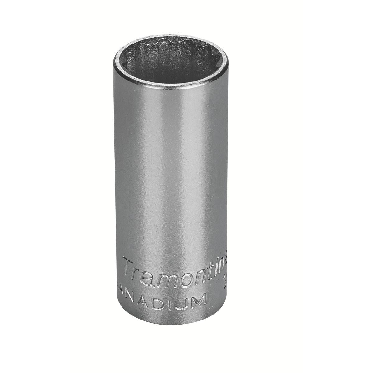 Soquete Estriado Longo 14 mm 3/8'' Aço Cromo Vanádio Cromado Detalhe DIN 3124 Tramontina PRO