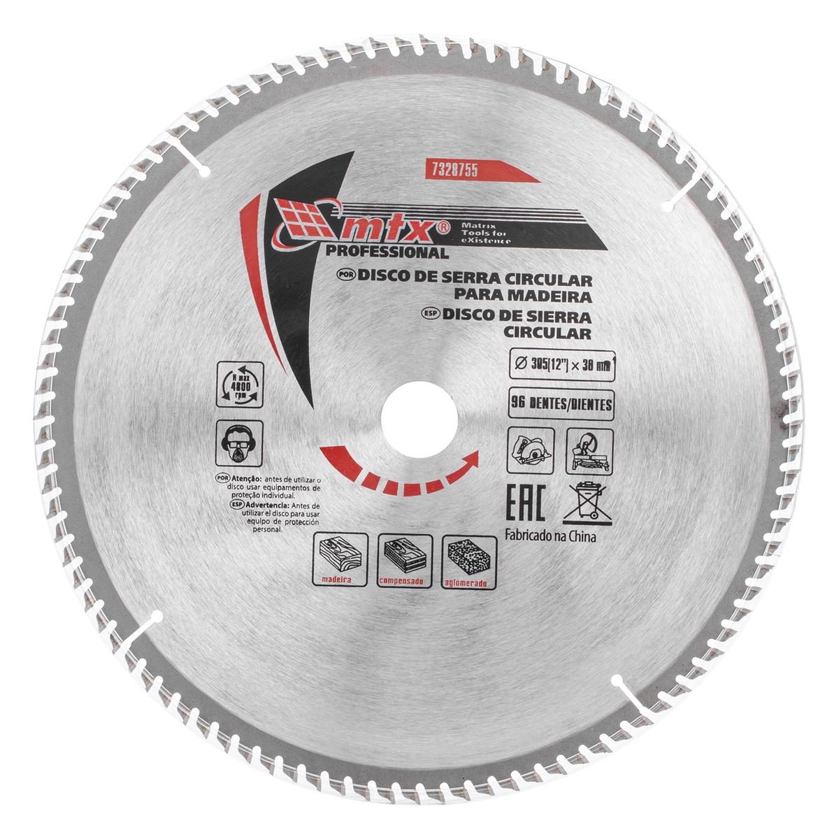 Disco Serra Circular 305mm 96 Dentes 30mm Aço 65Mn YG8 Para Madeira MTX 7328755