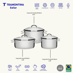 Jogo De Panelas Tramontina Solar Aço Inox Fundo Triplo 3 Peças Indução