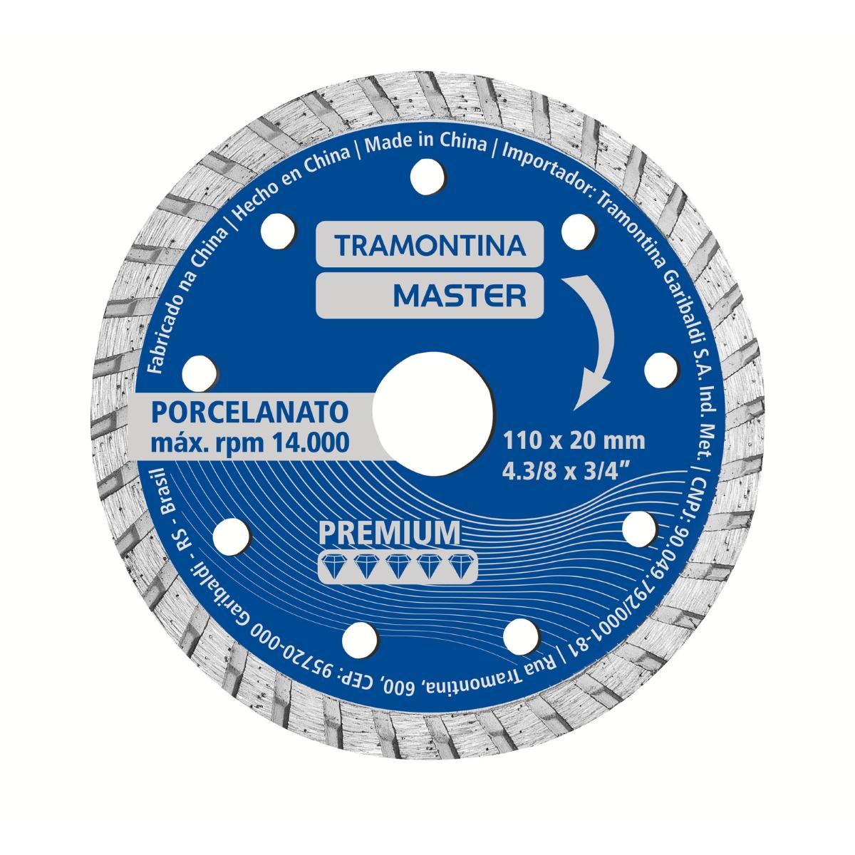 Disco de Corte Diamantado 80m/s 14.000rpm 4,3/8 20-16mm Porcelanato Resistência Alta Tramontina MASTER