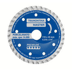 Disco de Corte Diamantado 80m/s 14.000rpm 4,3/8 20-16mm Porcelanato Resistência Alta Tramontina MASTER