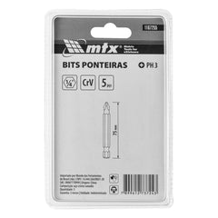 Bits Philips Ph3 1/4 Pol. 75mm 6mm Aço CrV 54 HRC 5 Unidades MTX